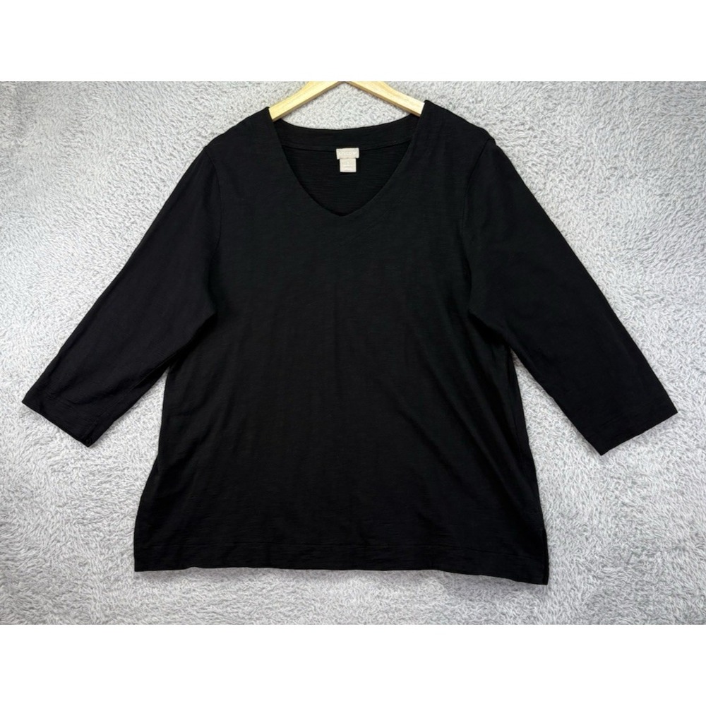 Chicos Womens Size 3 XL Black Cotton Modal V Neck 3/4 Sleeve Top Casual Staple